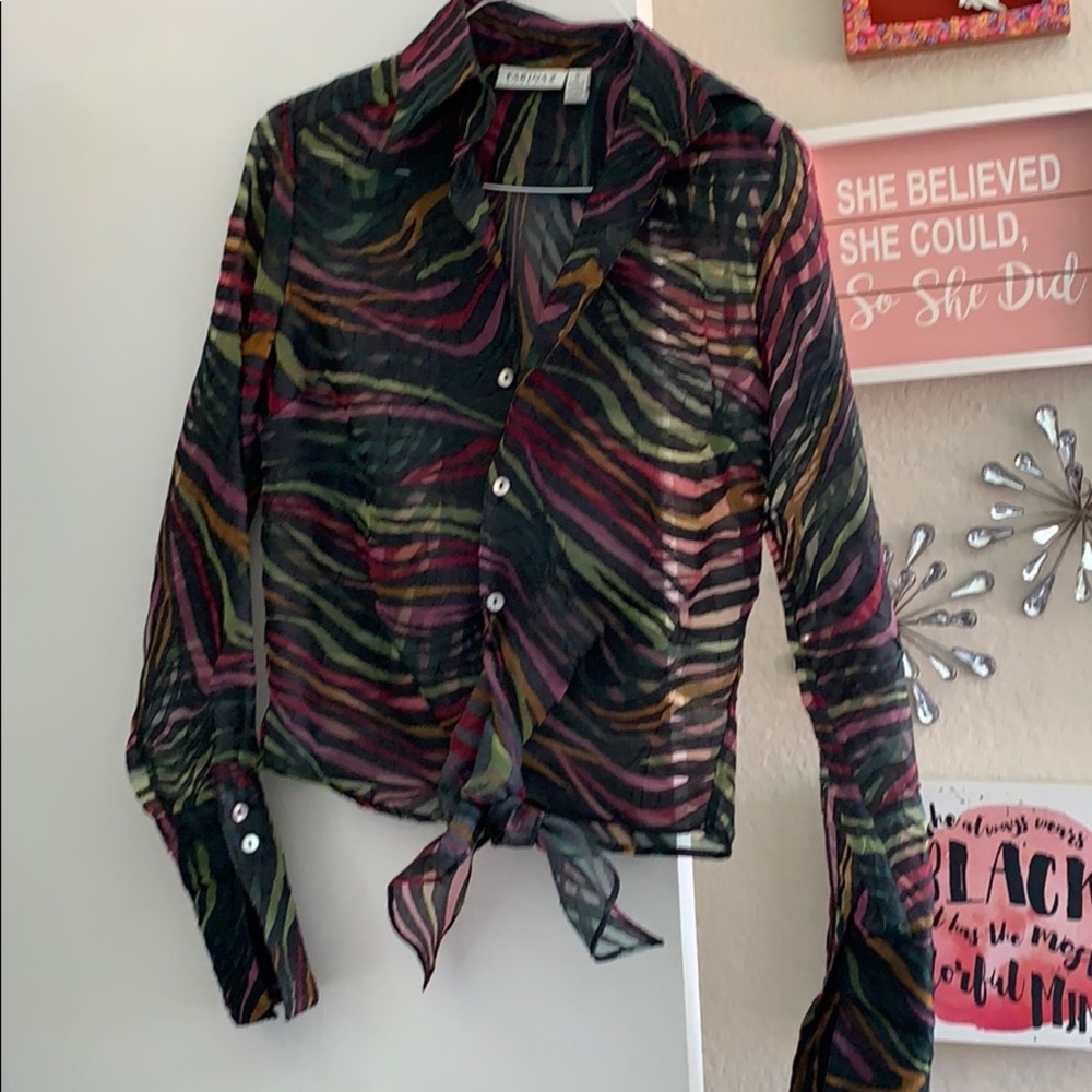 Colorful sheer top with tie bottom